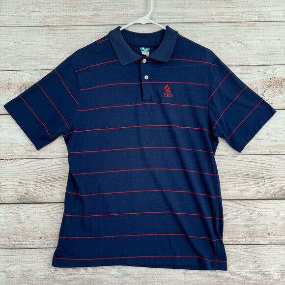 Vintage 80's Disney Mickey Mouse Striped Polo Shirt Men's Large Navy Blue/Red - Picture 1 of 11